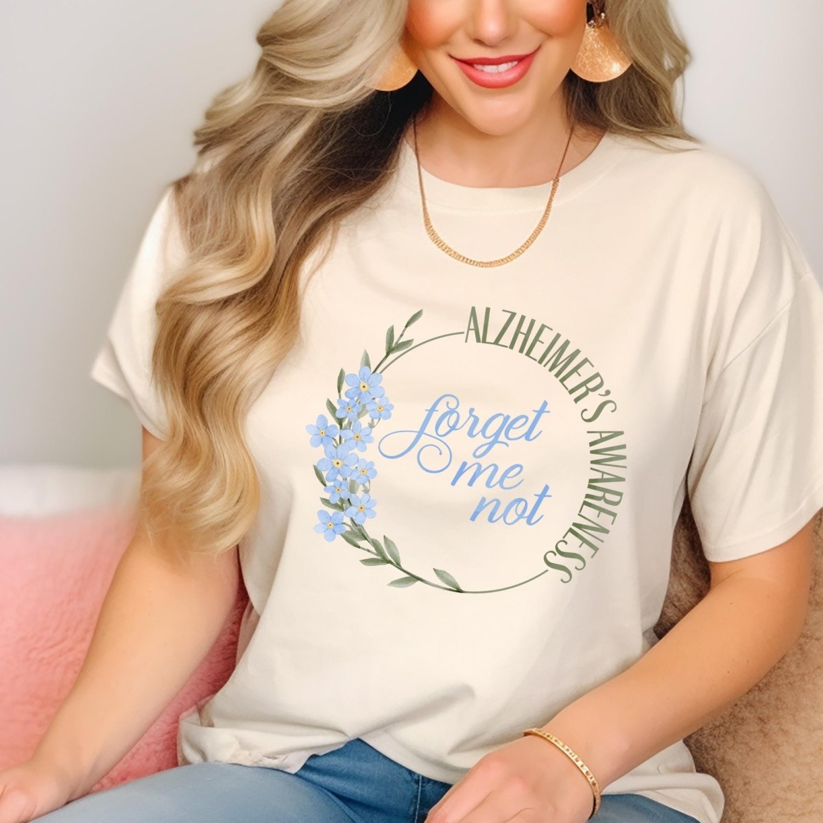 Forget Me Not Alzheimers Awareness Shirt, End Alz Tee Gift - Natural - XS -