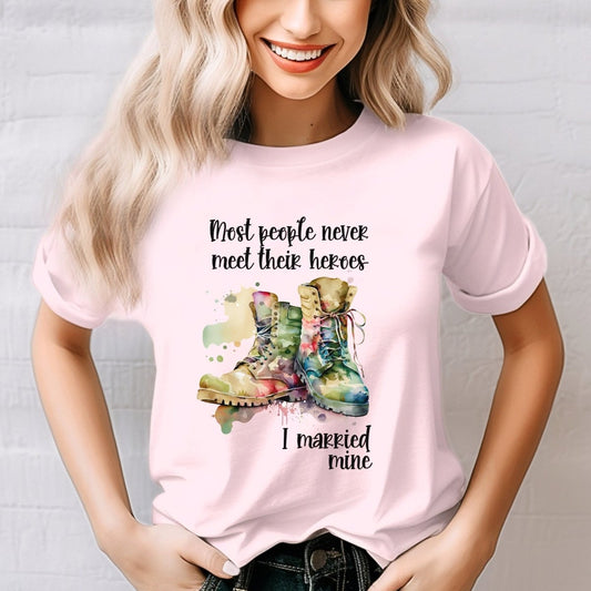 I Married My Hero Military Wife Shirt, Patriotic Military Spouse Gift Tee - Soft Pink - XS -