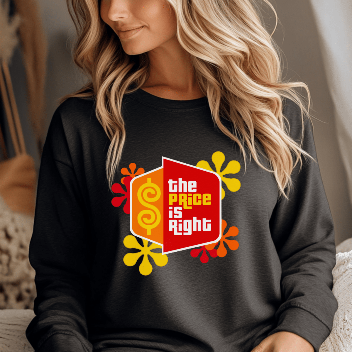 Price is Right Shirt with Retro Flowers and Logo in Short and Long Sleeve - Dark Grey Heather - S - Long