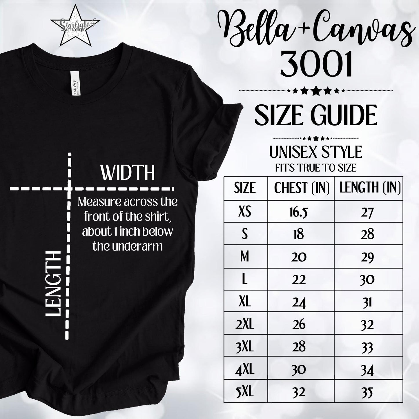 Bella 3001 Size Chart Unisex for Men & Women Fits True to Size