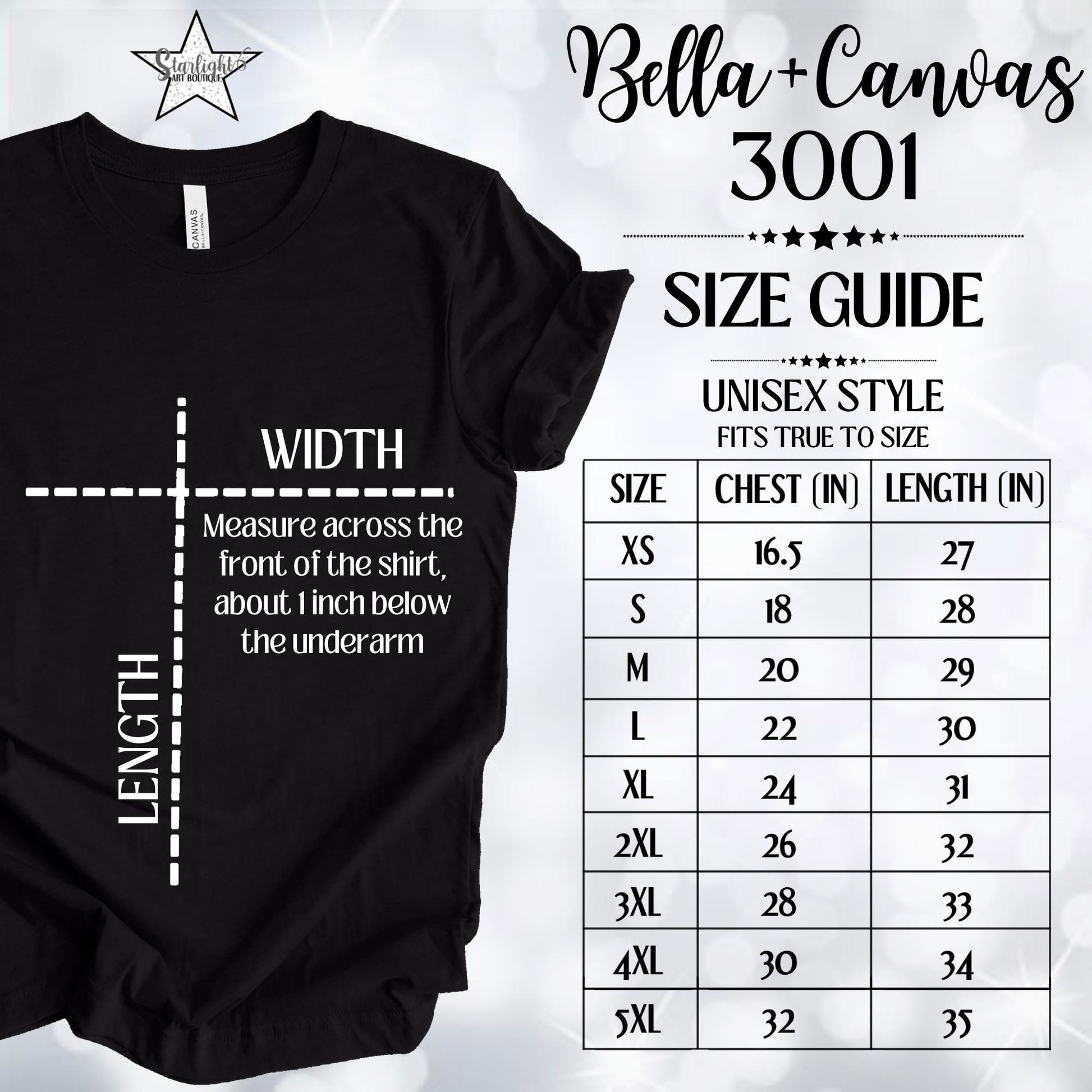 Bella 3001 Size Chart Unisex for Men & Women Fits True to Size