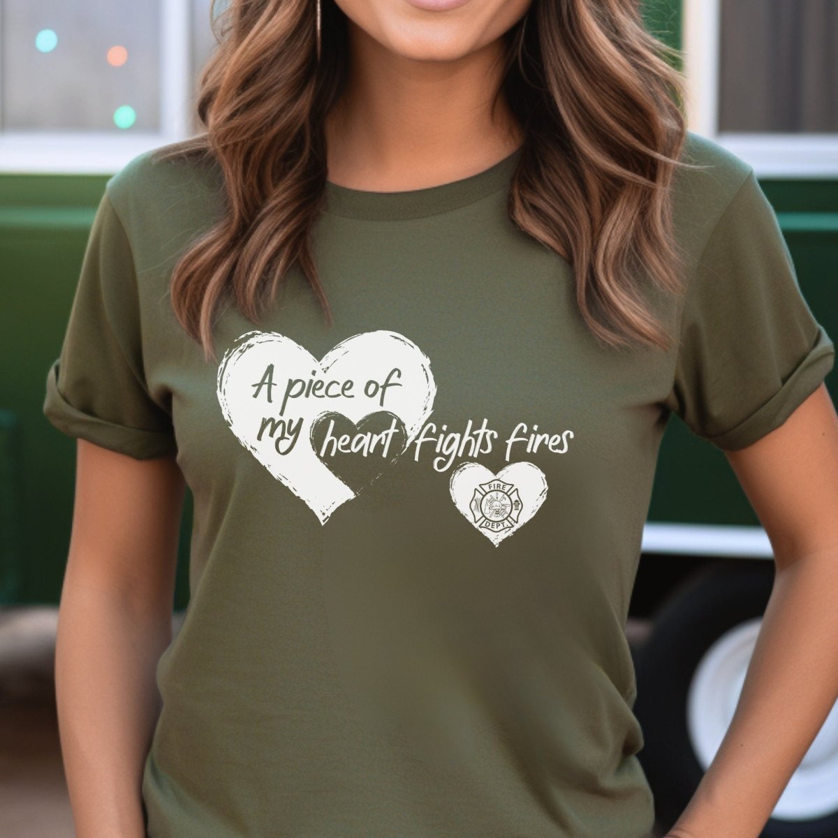 A Piece of My Heart Fights Fires Firefighter Family Shirt, Wife Gift Tee - Military Green - XS -