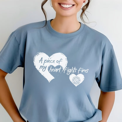 A Piece of My Heart Fights Fires Firefighter Family Shirt, Wife Gift Tee - Steel Blue - XS -