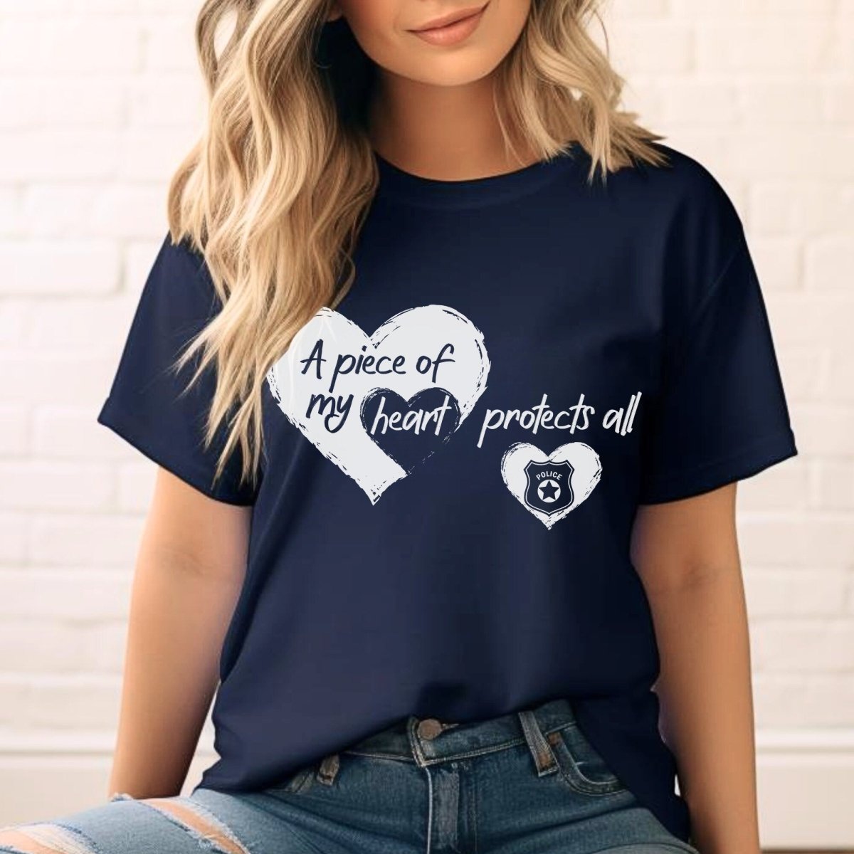 A Piece Of My Heart Protects All Shirt, Police Family Support Tee Gift - Navy - XS -