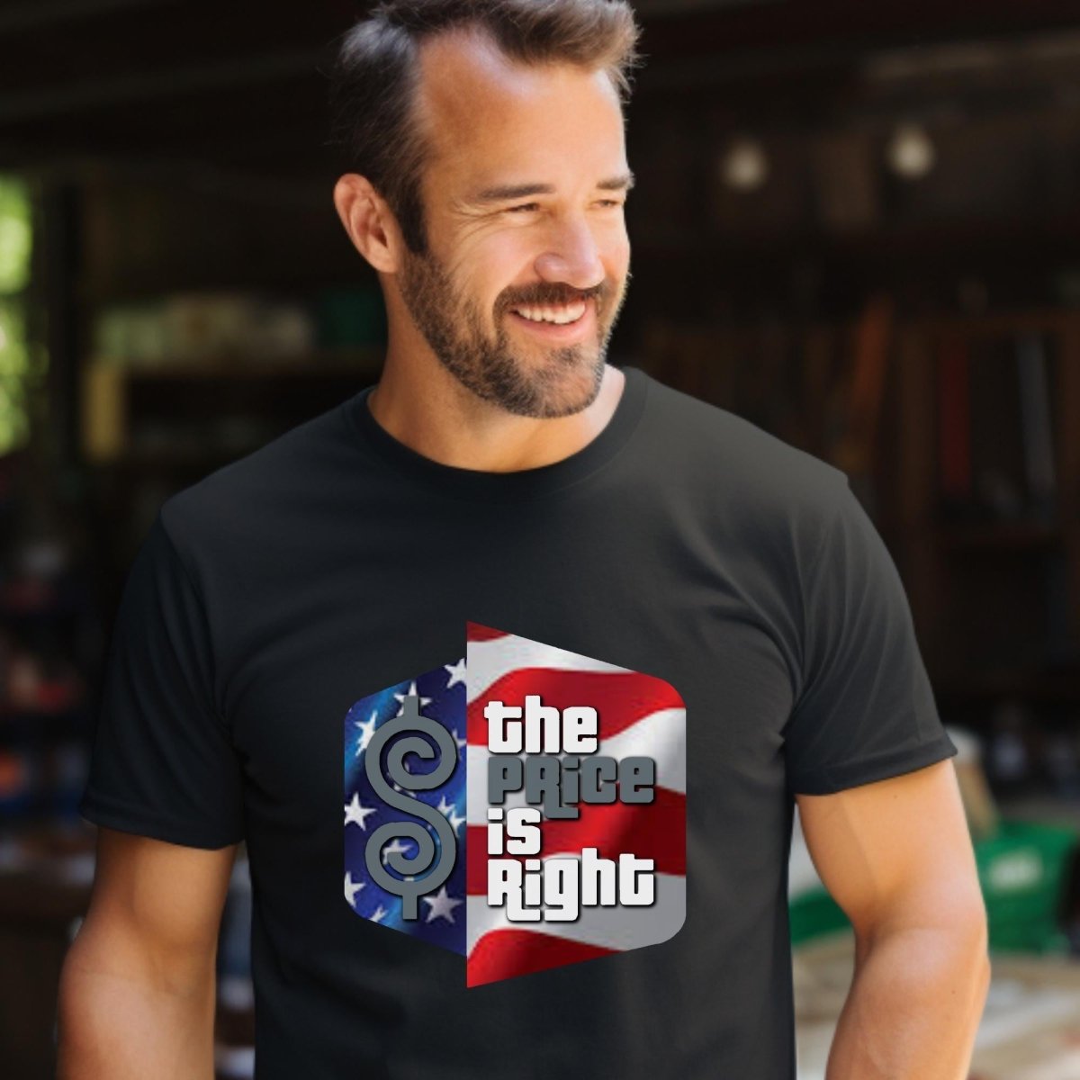 American Flag Logo Price is Right Patriotic Military Shirt, USA Fan Tee for Fourth of July - Black - XS -