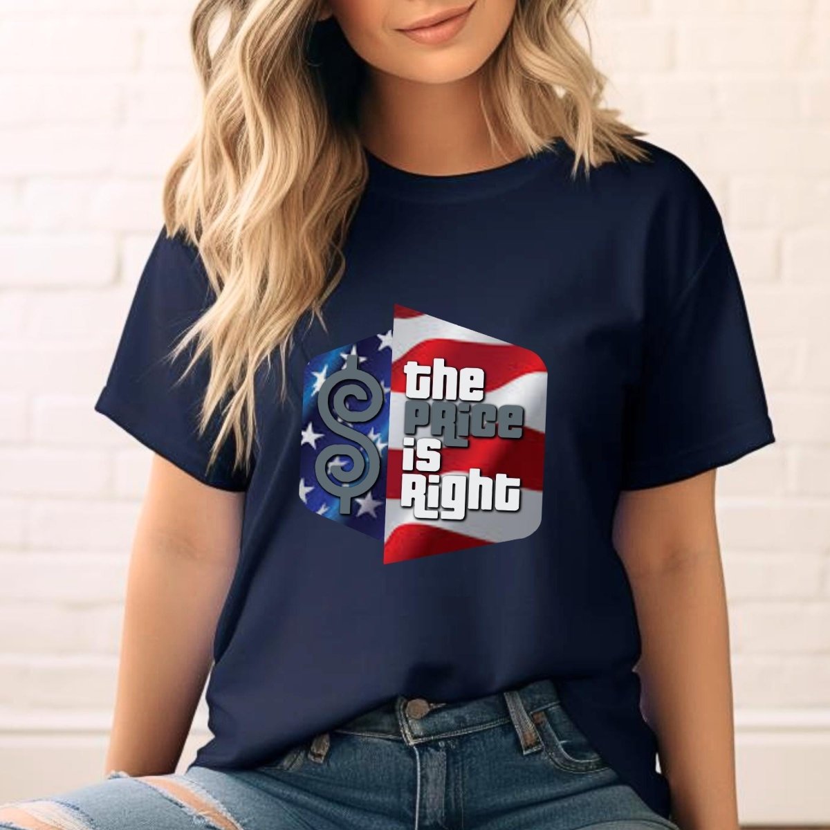 American Flag Logo Price is Right Patriotic Military Shirt, USA Fan Tee for Fourth of July - Navy - XS -
