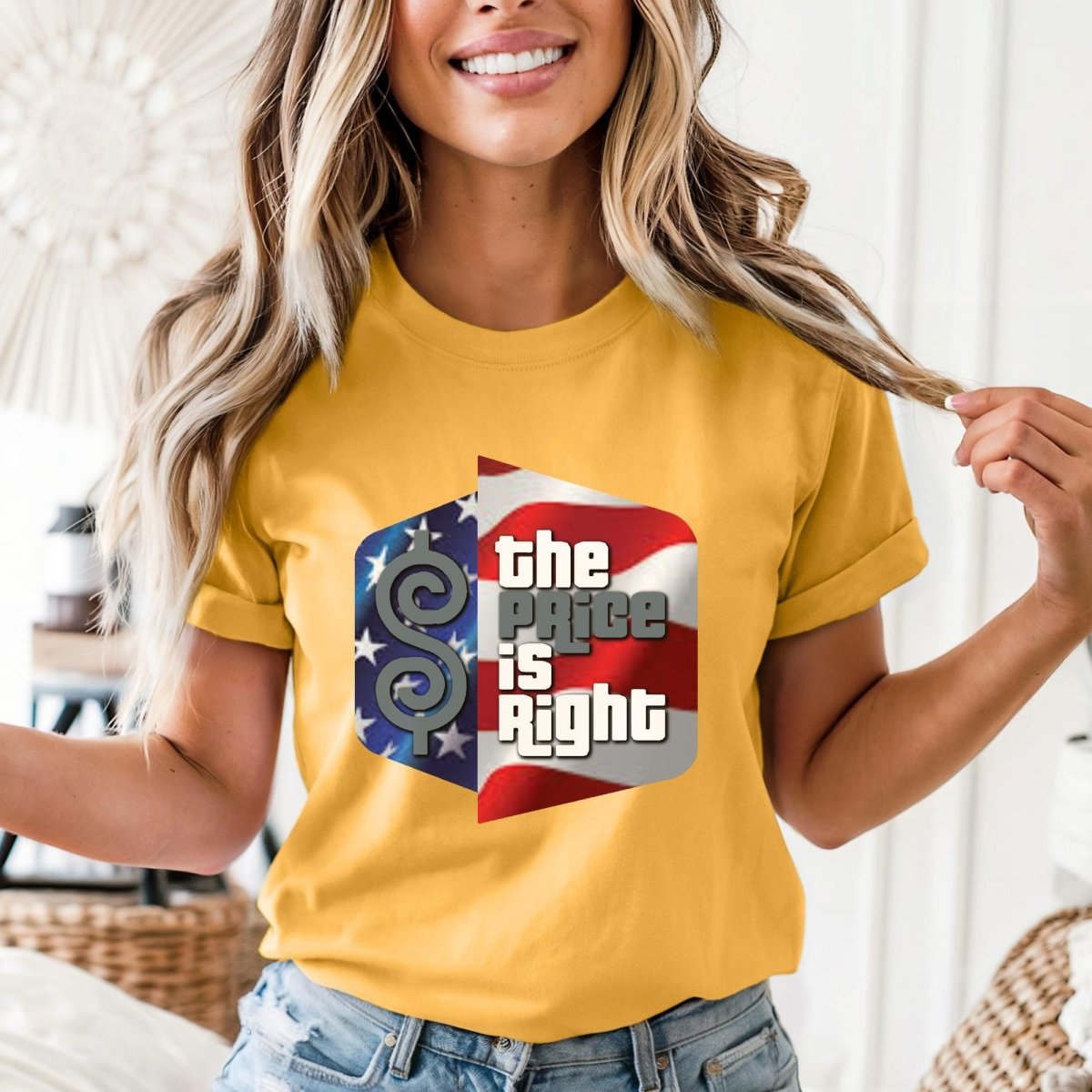 American Flag Logo Price is Right Patriotic Military Shirt, USA Fan Tee for Fourth of July - Gold - XS -