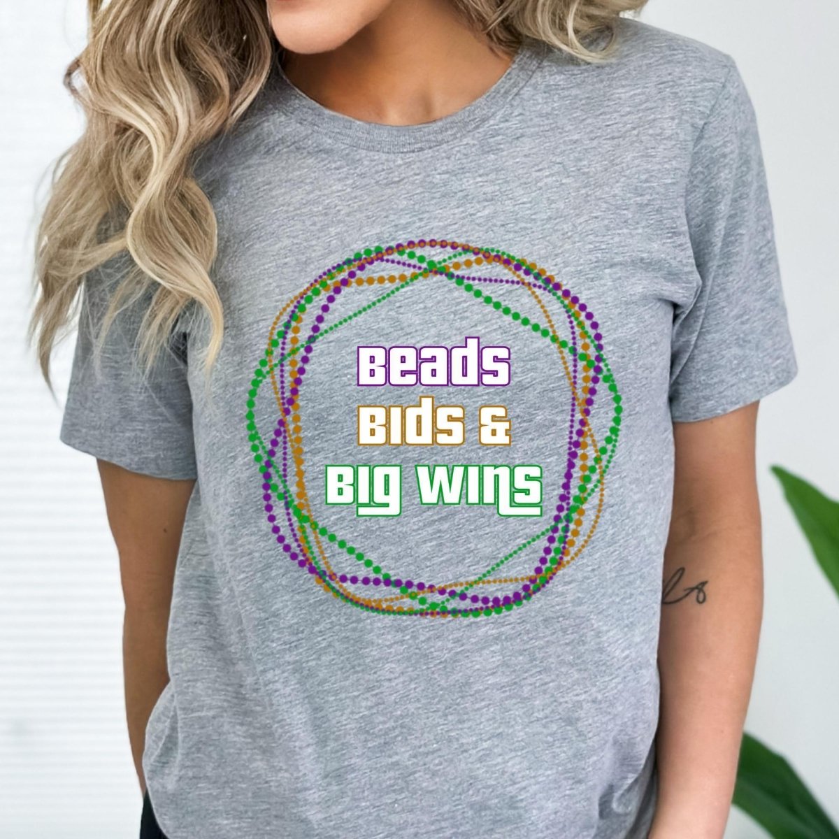 Beads, Bids and Big Wins Price is Right Mardi Gras Shirt - Athletic Heather - XS -