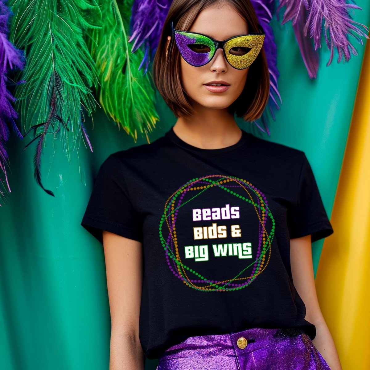 Beads, Bids and Big Wins Price is Right Mardi Gras Shirt - Black - XS -