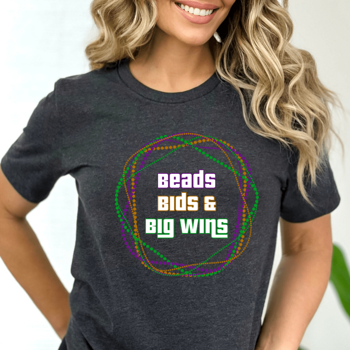 Beads, Bids and Big Wins Price is Right Mardi Gras Shirt - Dark Grey Heather - XS -
