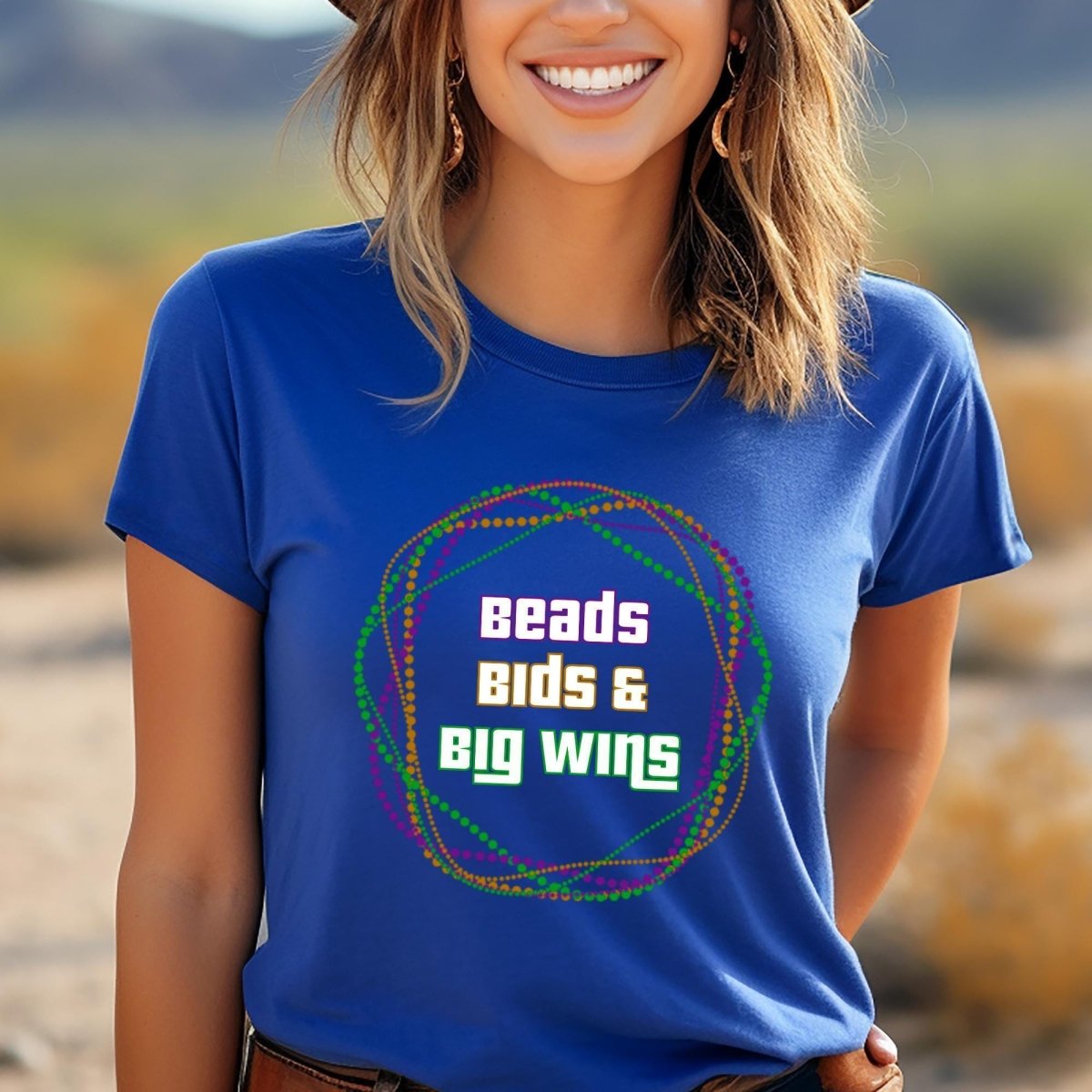 Beads, Bids and Big Wins Price is Right Mardi Gras Shirt - True Royal - XS -