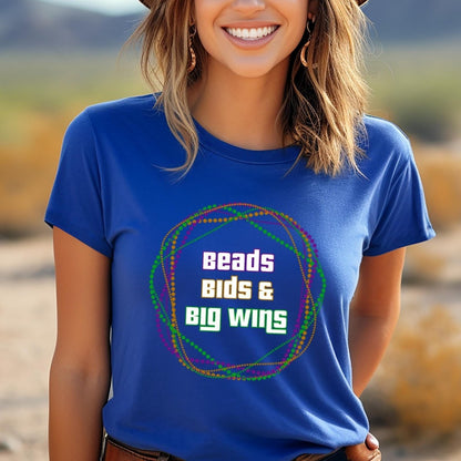 Beads, Bids and Big Wins Price is Right Mardi Gras Shirt - True Royal - XS -