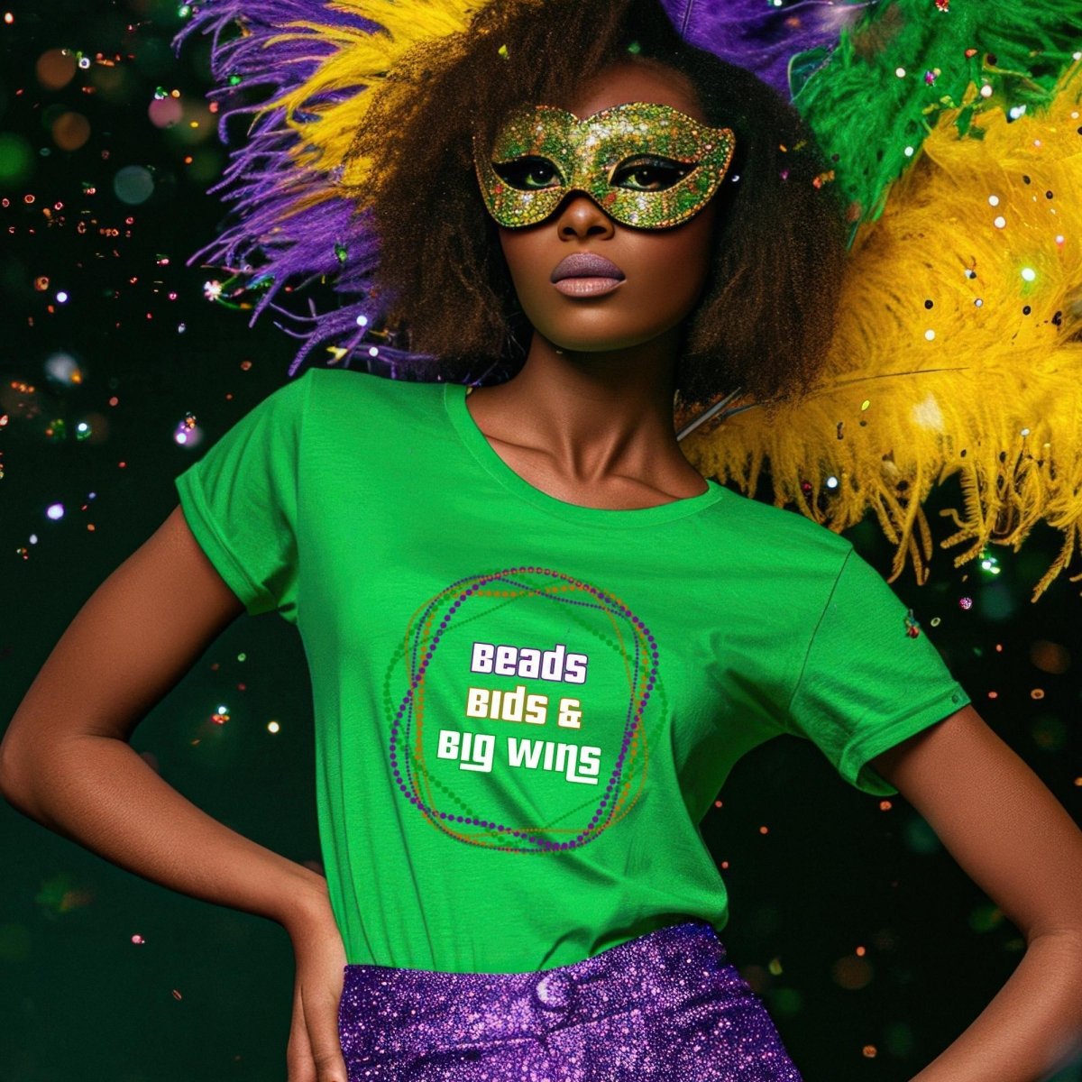 Beads, Bids and Big Wins Price is Right Mardi Gras Shirt - Kelly - XS -