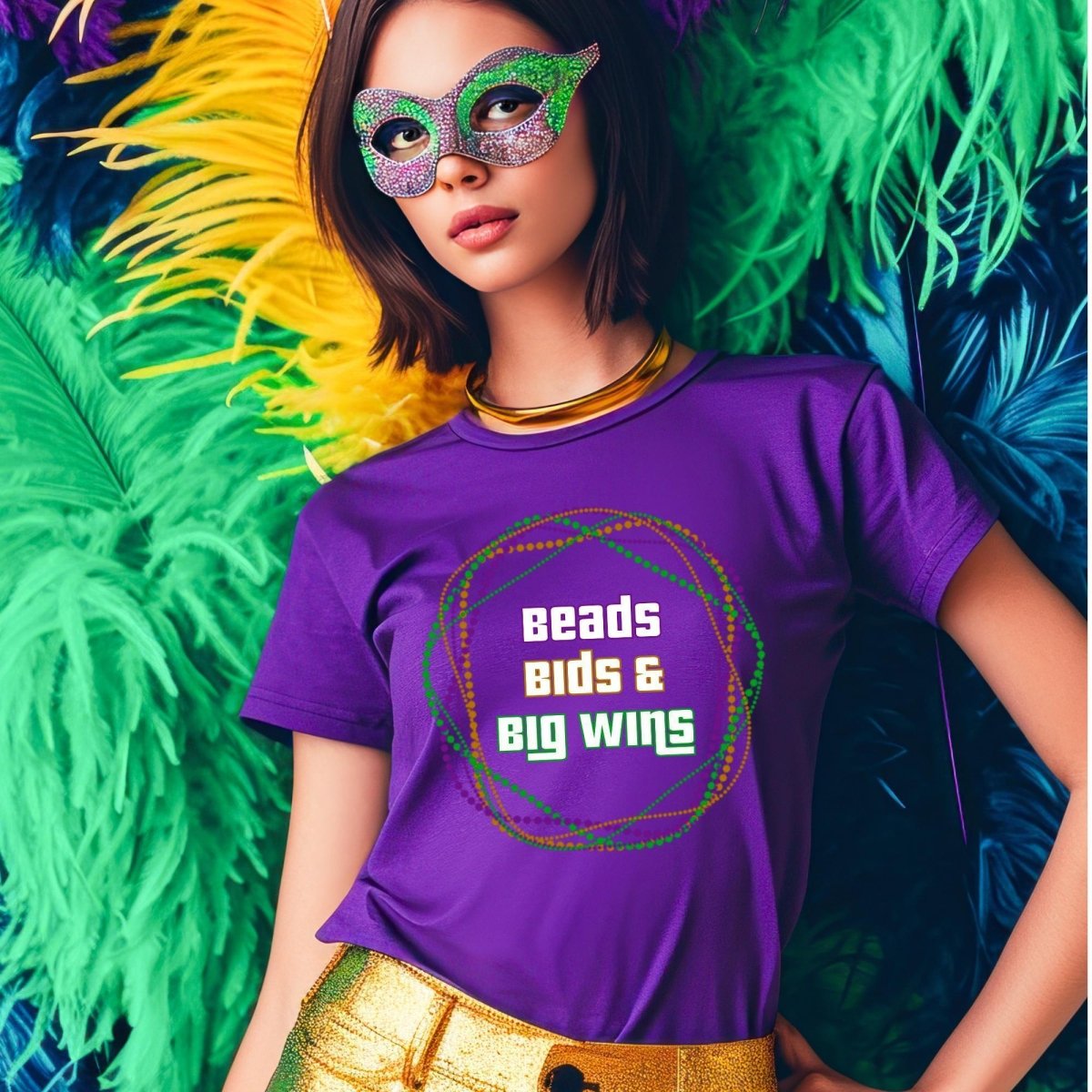 Beads, Bids and Big Wins Price is Right Mardi Gras Shirt - Team Purple - XS -