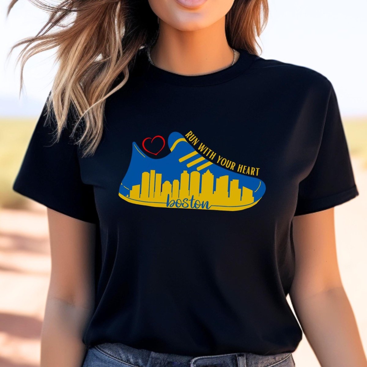 Boston Run With Your Heart Marathon Shirt, Running Tee - Black - XS -