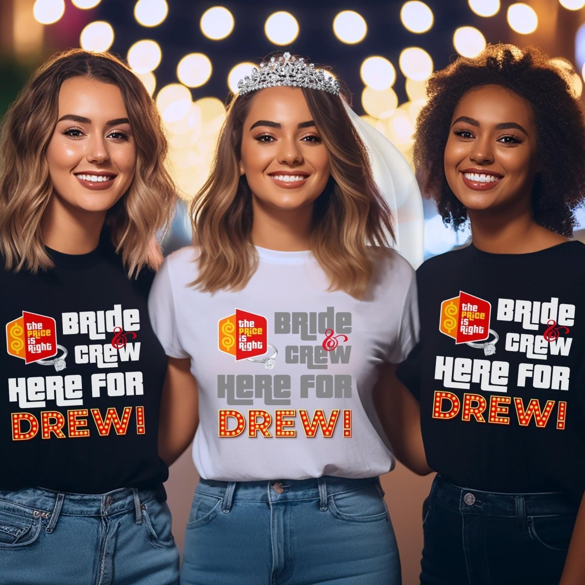 Bride and Crew Here for Drew Bachelorette Price is Right Group Shirt for the Party Squad - White - XS -