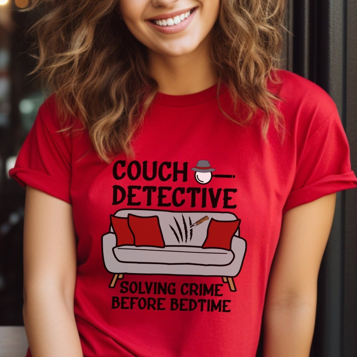 Couch Detective Solving Crime Before Bedtime Shirt, True Crime Gift Tee - Red - XS -