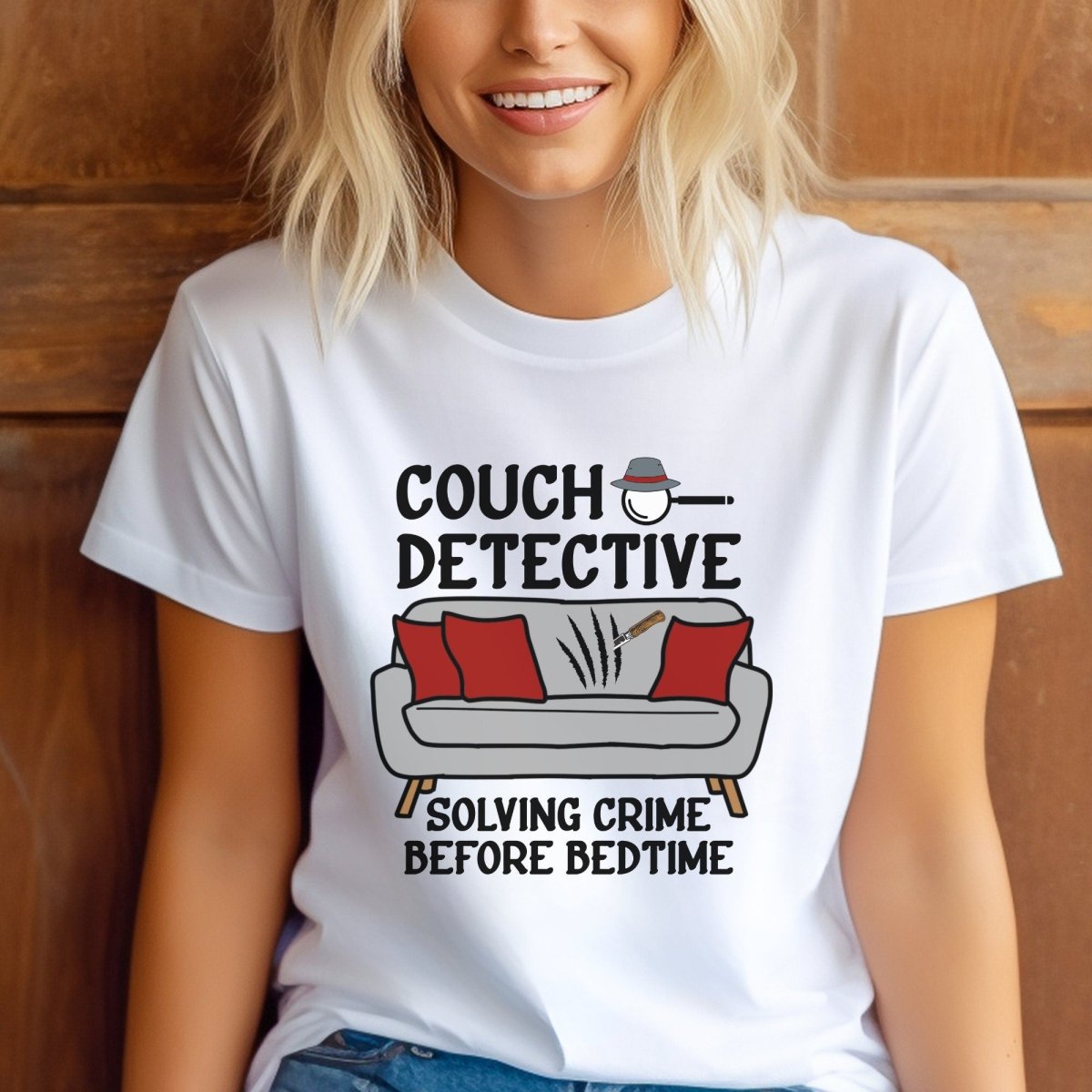 Couch Detective Solving Crime Before Bedtime Shirt, True Crime Gift Tee - White - XS -
