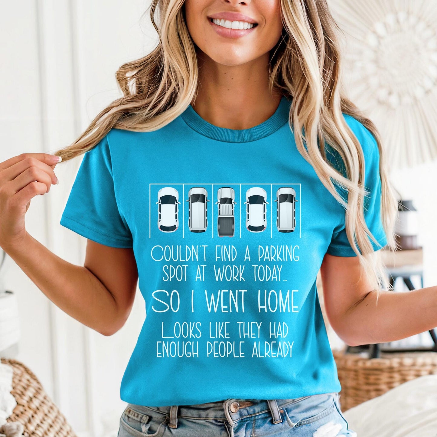 Couldn't Find a Parking Spot funny coworker gift shirt in Aqua color, unisex tee mockup