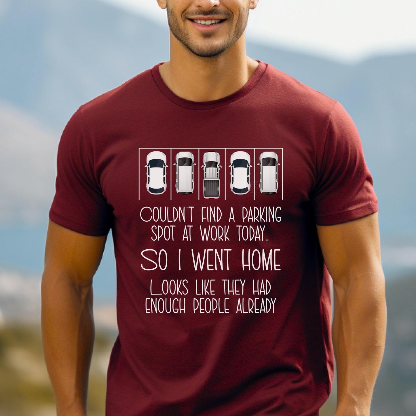 Couldn't Find a Parking Spot funny coworker gift shirt in Cardinal color, unisex tee mockup