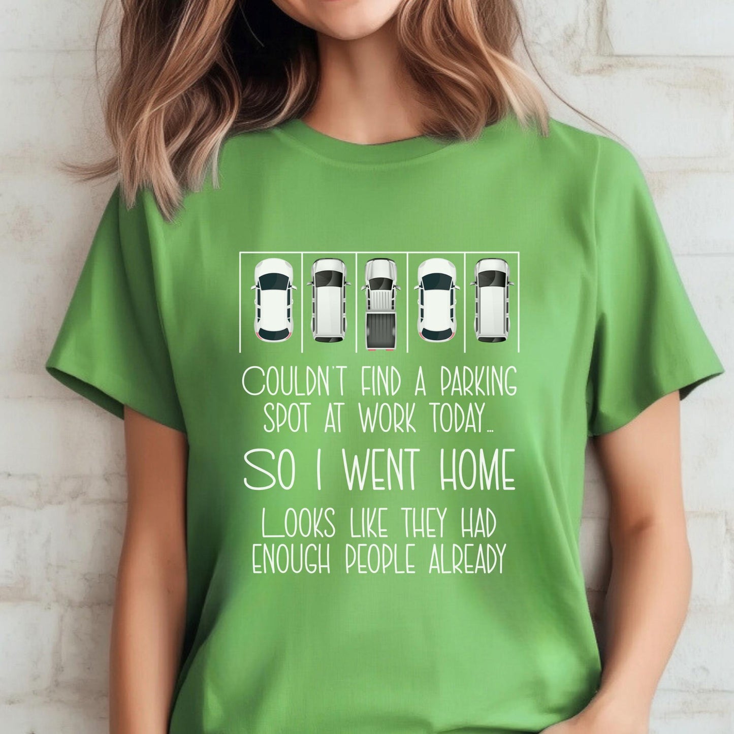 Couldn't Find a Parking Spot funny coworker gift shirt in Leaf color, unisex tee mockup