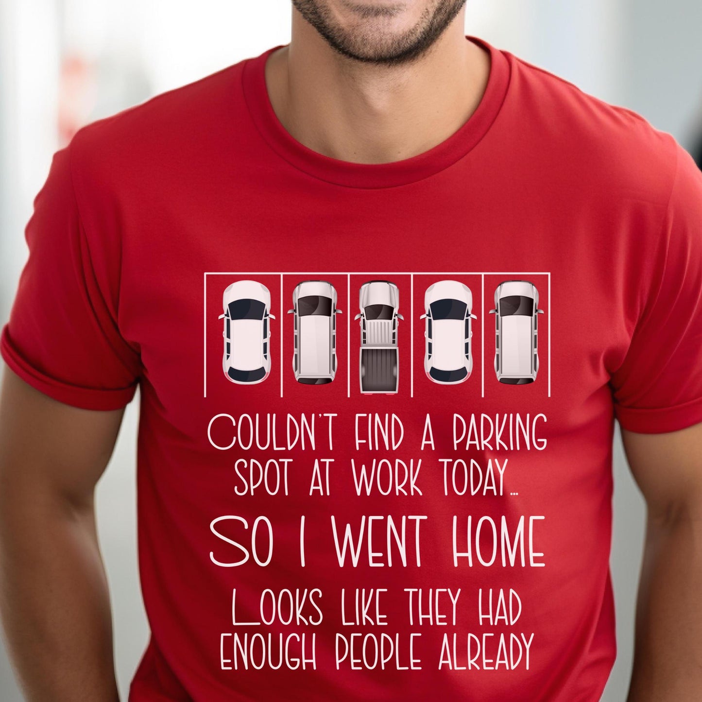 Couldn't Find a Parking Spot funny coworker gift shirt in Red color, unisex tee mockup