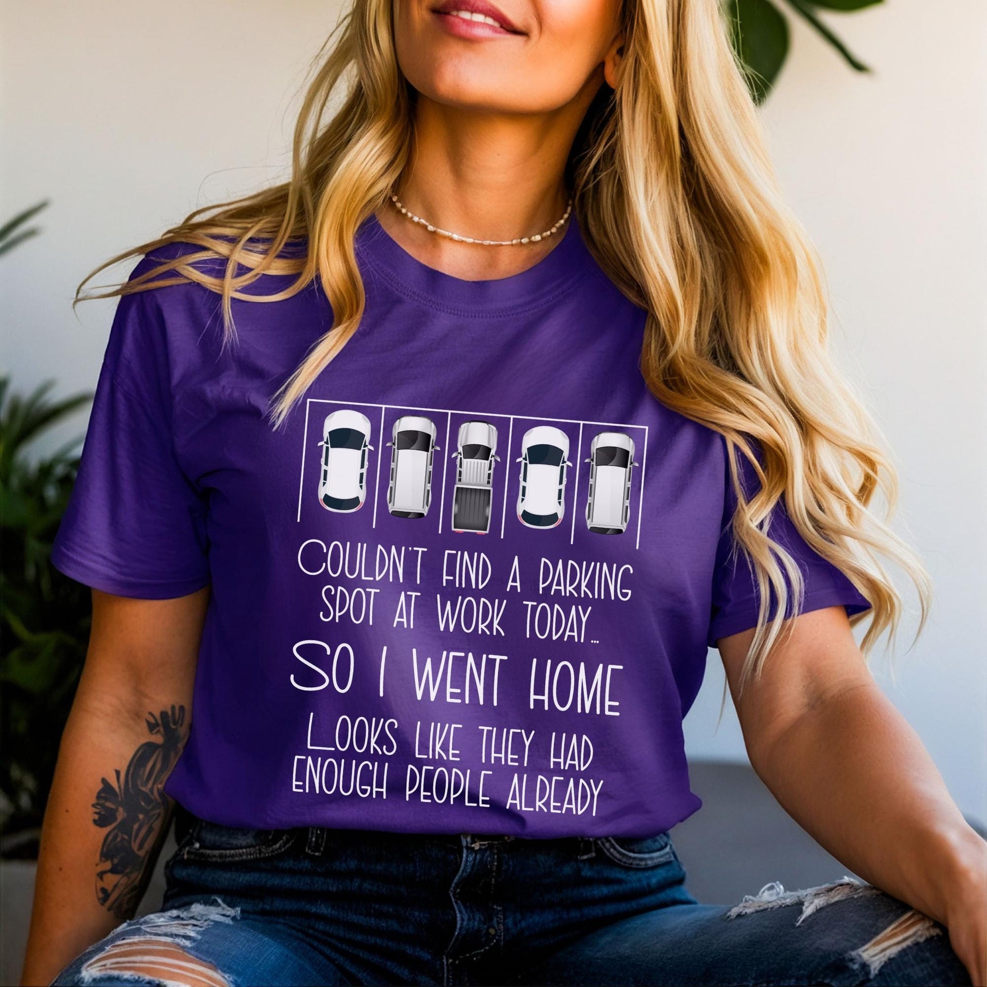 Couldn't Find a Parking Spot funny coworker gift shirt in Team Purple color, unisex tee mockup