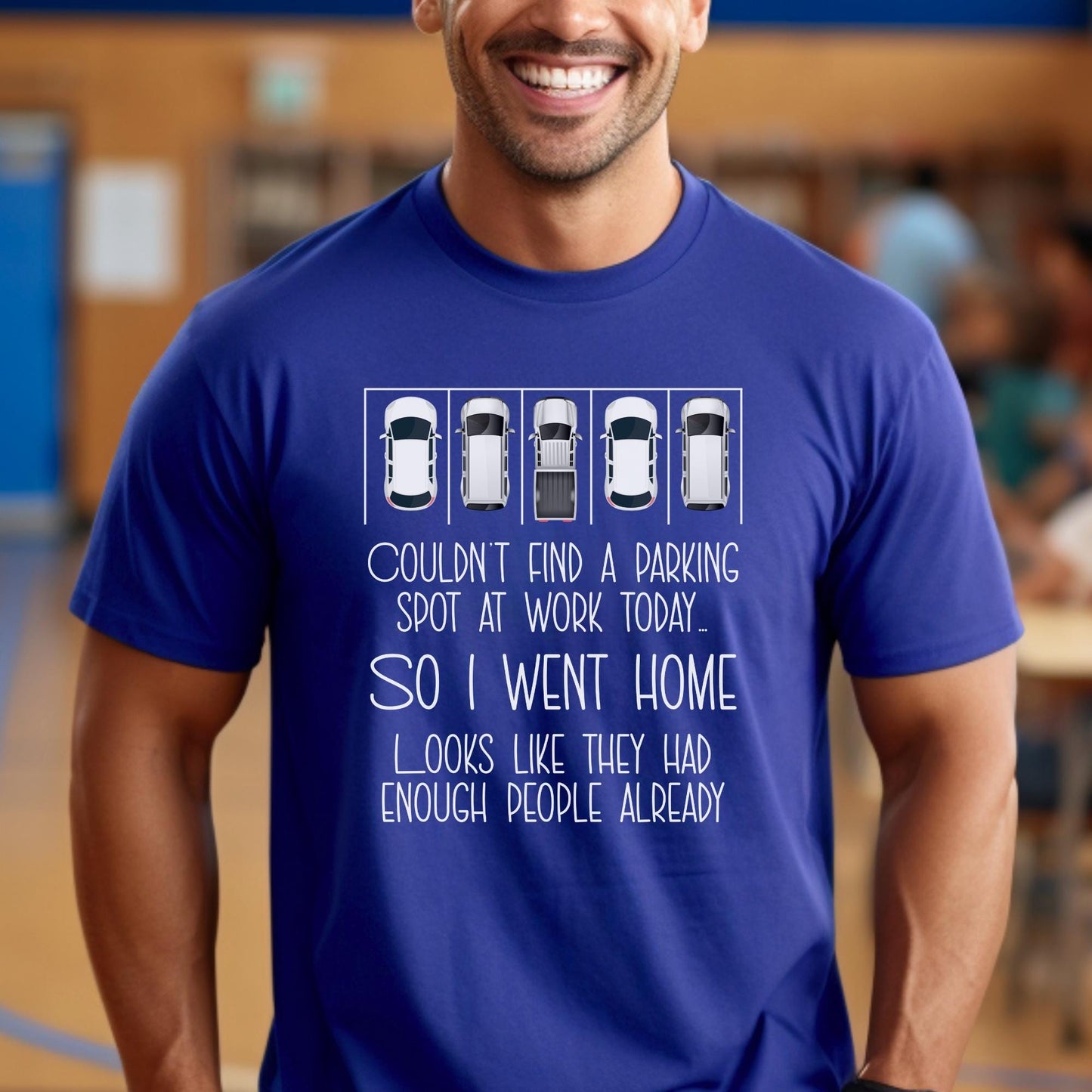 Couldn't Find a Parking Spot funny coworker gift shirt in True Royal color, unisex tee mockup