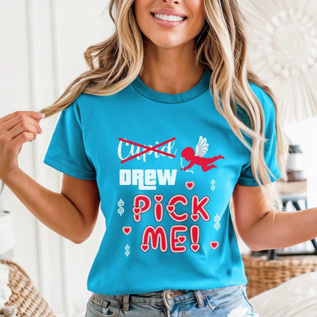 Cupid, Drew, Pick Me Price is Right Valentine's Hearts Shirt - Aqua - XS -