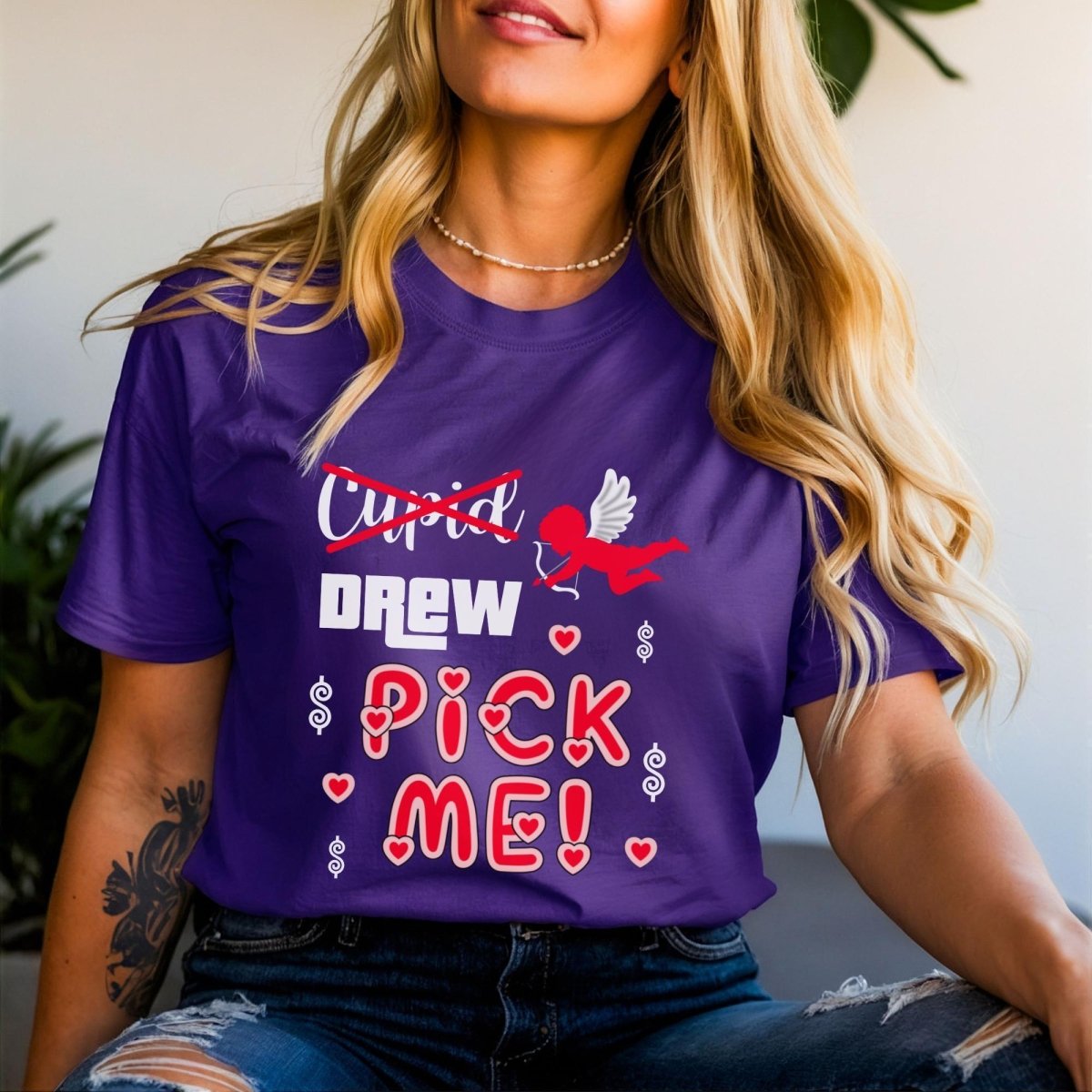 Cupid, Drew, Pick Me Price is Right Valentine's Hearts Shirt - Team Purple - XS -