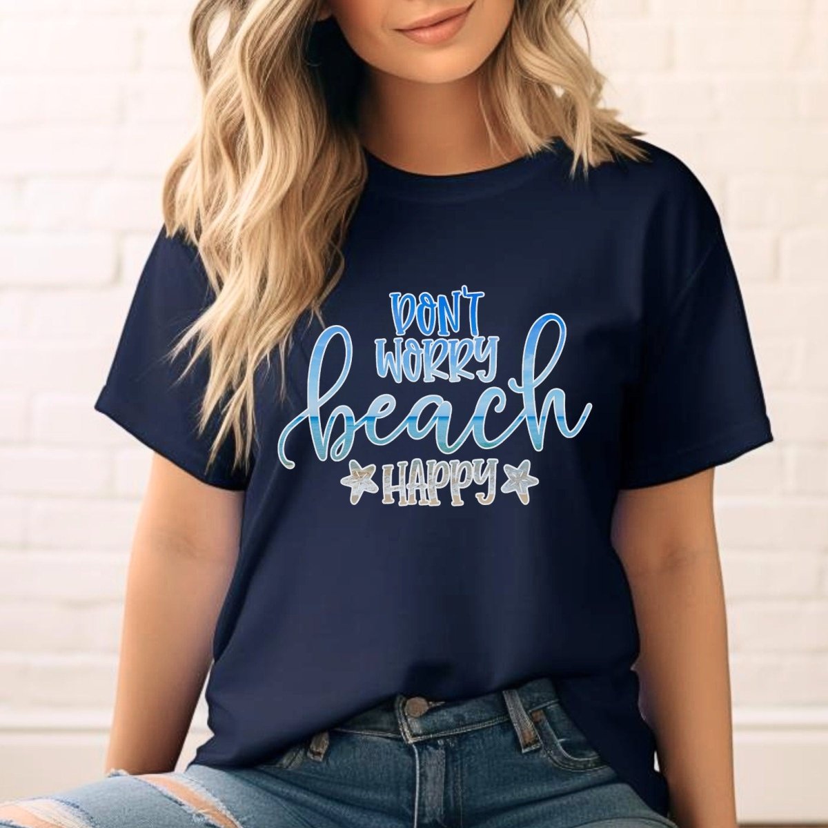 Dont Worry Beach Happy Shirt, Beach Lover Vacation Tee Gift - Navy - XS -