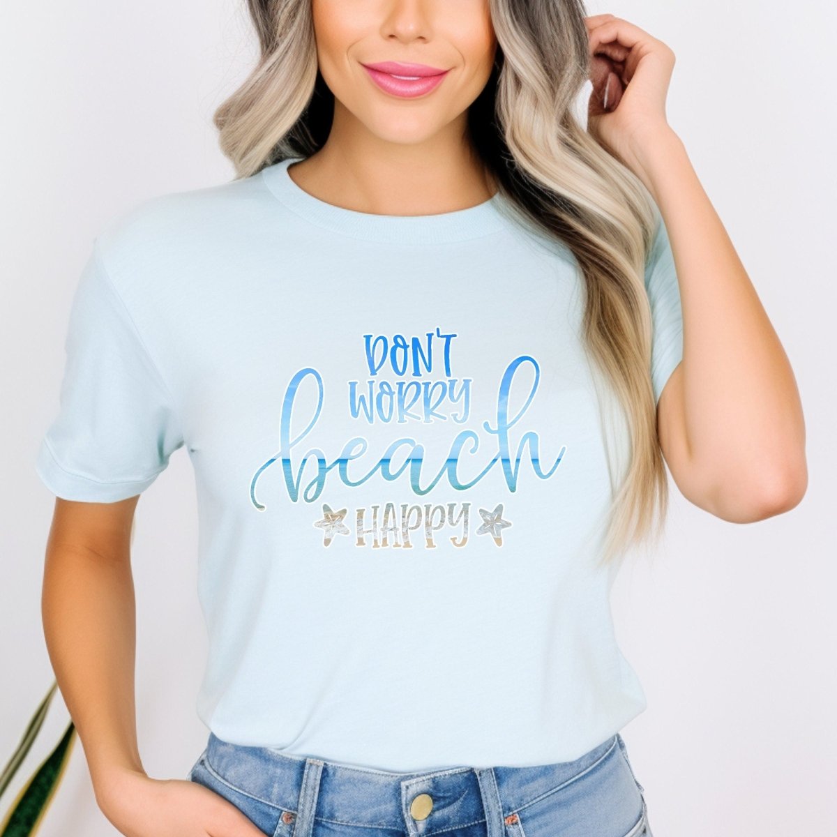 Dont Worry Beach Happy Shirt, Beach Lover Vacation Tee Gift - Baby Blue - XS -