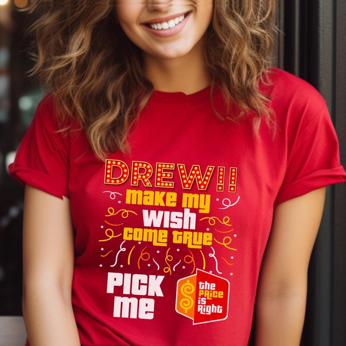 Drew Make My Wish Come True Price is Right Shirt, Funny Retro Game Show Tee - Red - XS -