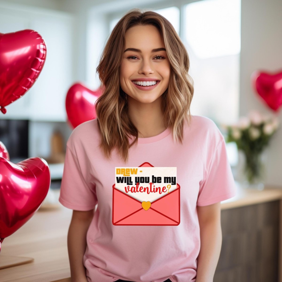 Drew, Will You Be My Valentine Price is Right Funny Valentine Shirt - Pink - XS -