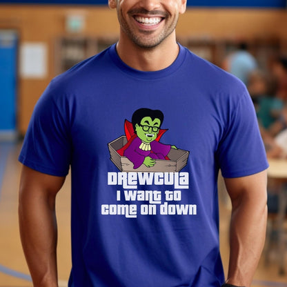 Drewcula, I Want to Come On Down Price is Right Shirt, Halloween Tee, Spooky Fan Gift - True Royal - XS -