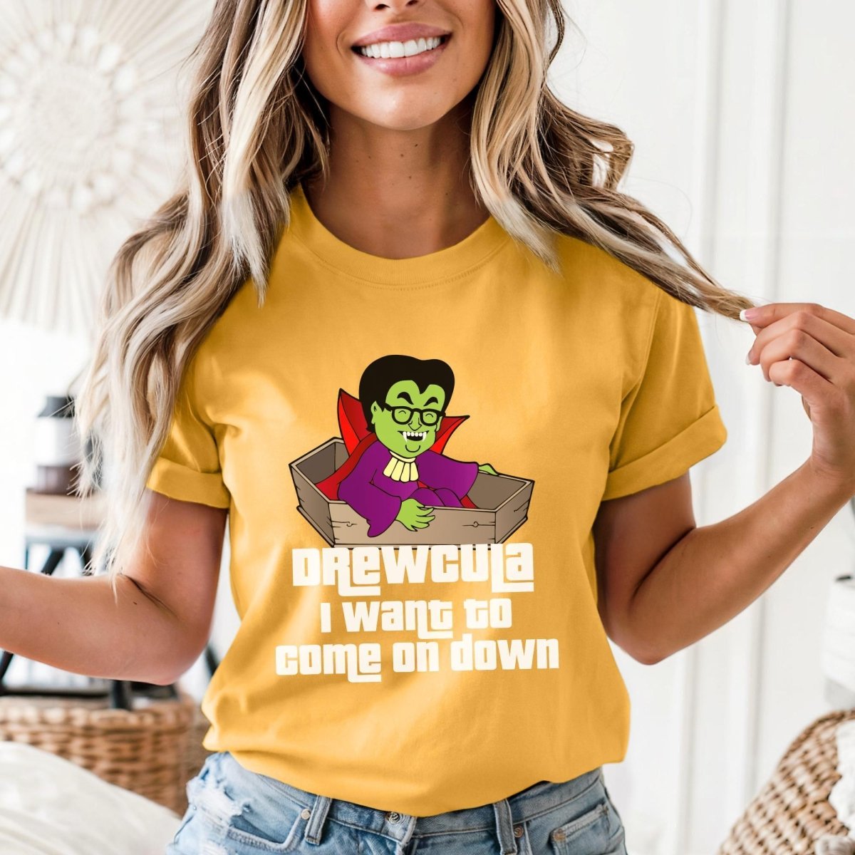 Drewcula, I Want to Come On Down Price is Right Shirt, Halloween Tee, Spooky Fan Gift - Gold - XS -