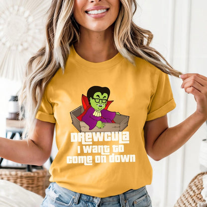 Drewcula, I Want to Come On Down Price is Right Shirt, Halloween Tee, Spooky Fan Gift - Gold - XS -