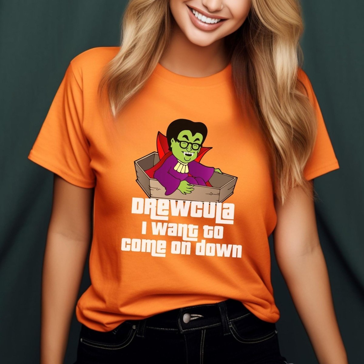 Drewcula, I Want to Come On Down Price is Right Shirt, Halloween Tee, Spooky Fan Gift - Orange - XS -
