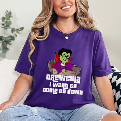 Drewcula, I Want to Come On Down Price is Right Shirt, Halloween Tee, Spooky Fan Gift - Team Purple - XS -