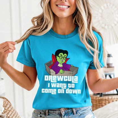 Drewcula, I Want to Come On Down Price is Right Shirt, Halloween Tee, Spooky Fan Gift - Aqua - XS -