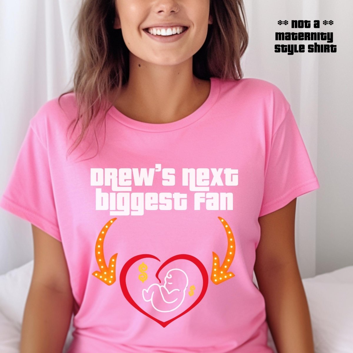 Drew's Next Biggest Fan Price is Right Maternity Shirt, Expecting Mom Tee - Charity Pink - XS -