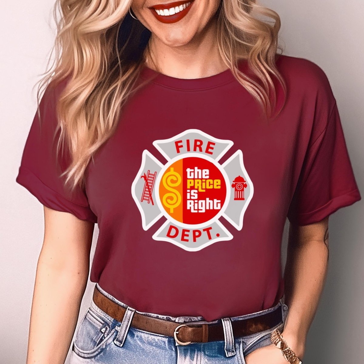 Firefighter EMT Price is Right Emblem Shirt, Hero First Responder Gift - Cardinal - XS -