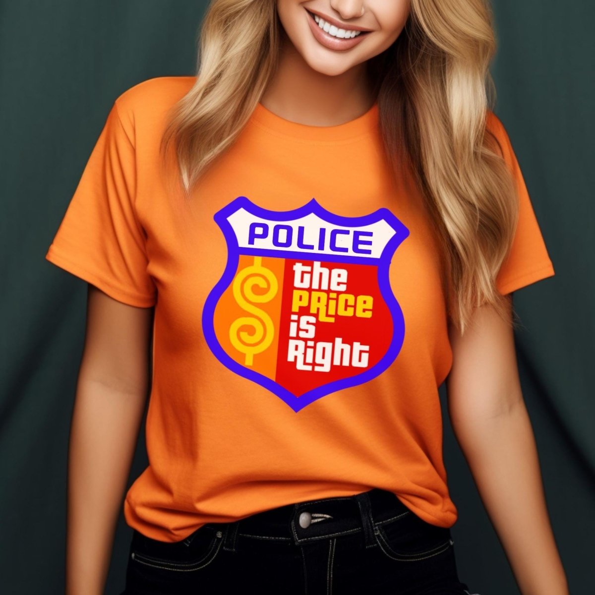 First Responder Police Price is Right Emblem Shirt, Police Officer Contestant Gift Tee - Orange - XS -