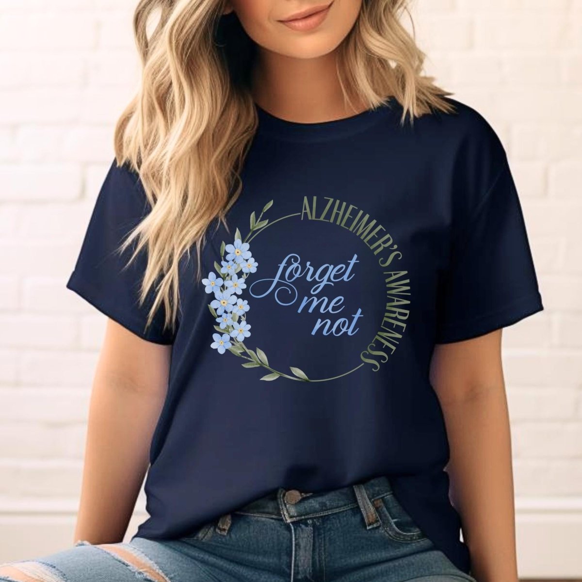 Forget Me Not Alzheimers Awareness Shirt, End Alz Tee Gift - Navy - XS -