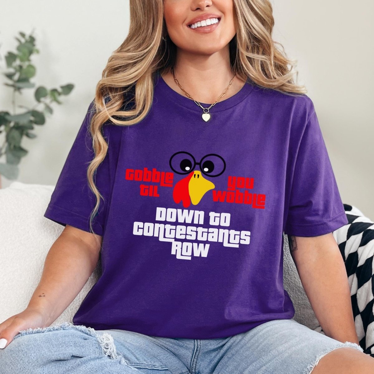 Gobble Til You Wobble Down to Contestant Row Price is Right Shirt, Thanksgiving Tee - Team Purple - XS -