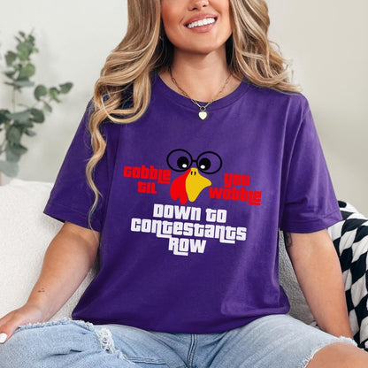 Gobble Til You Wobble Down to Contestant Row Price is Right Shirt, Thanksgiving Tee - Team Purple - XS -