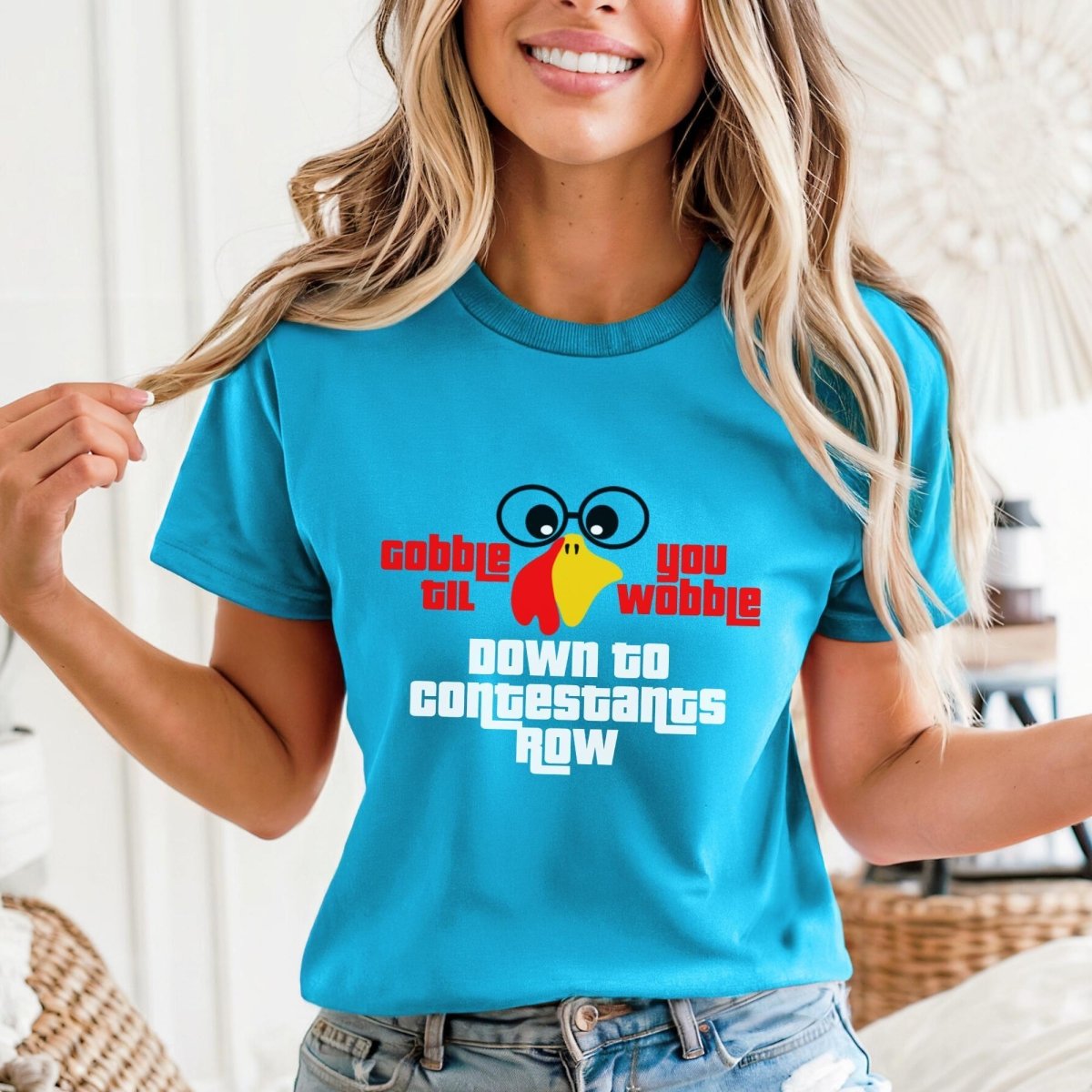 Gobble Til You Wobble Down to Contestant Row Price is Right Shirt, Thanksgiving Tee - Aqua - XS -