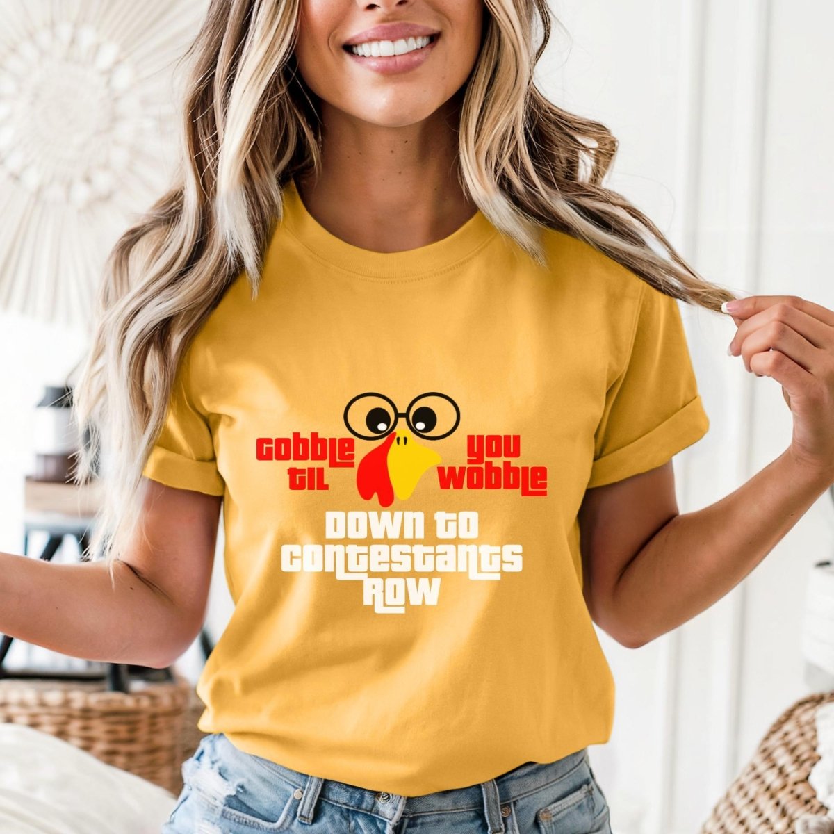 Gobble Til You Wobble Down to Contestant Row Price is Right Shirt, Thanksgiving Tee - Gold - XS -