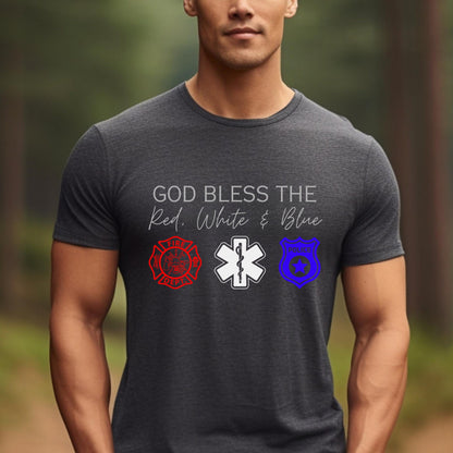 God Bless America Shirt in Dark Grey Heather for first responder gift shirt