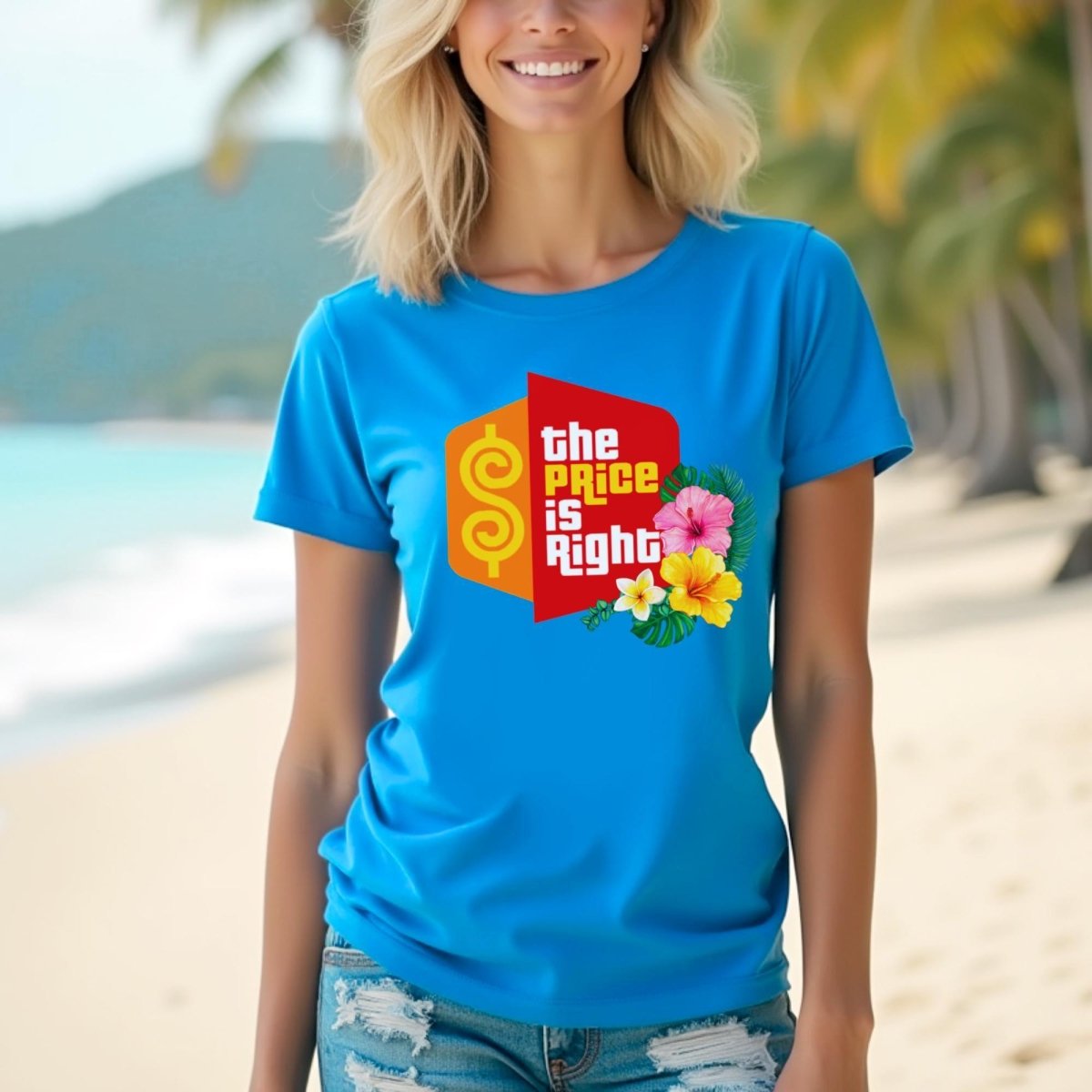 Hawaiian Flowers Price is Right Shirt, Tropical Vacation Tee, Summer Fan Gift - Aqua - XS -